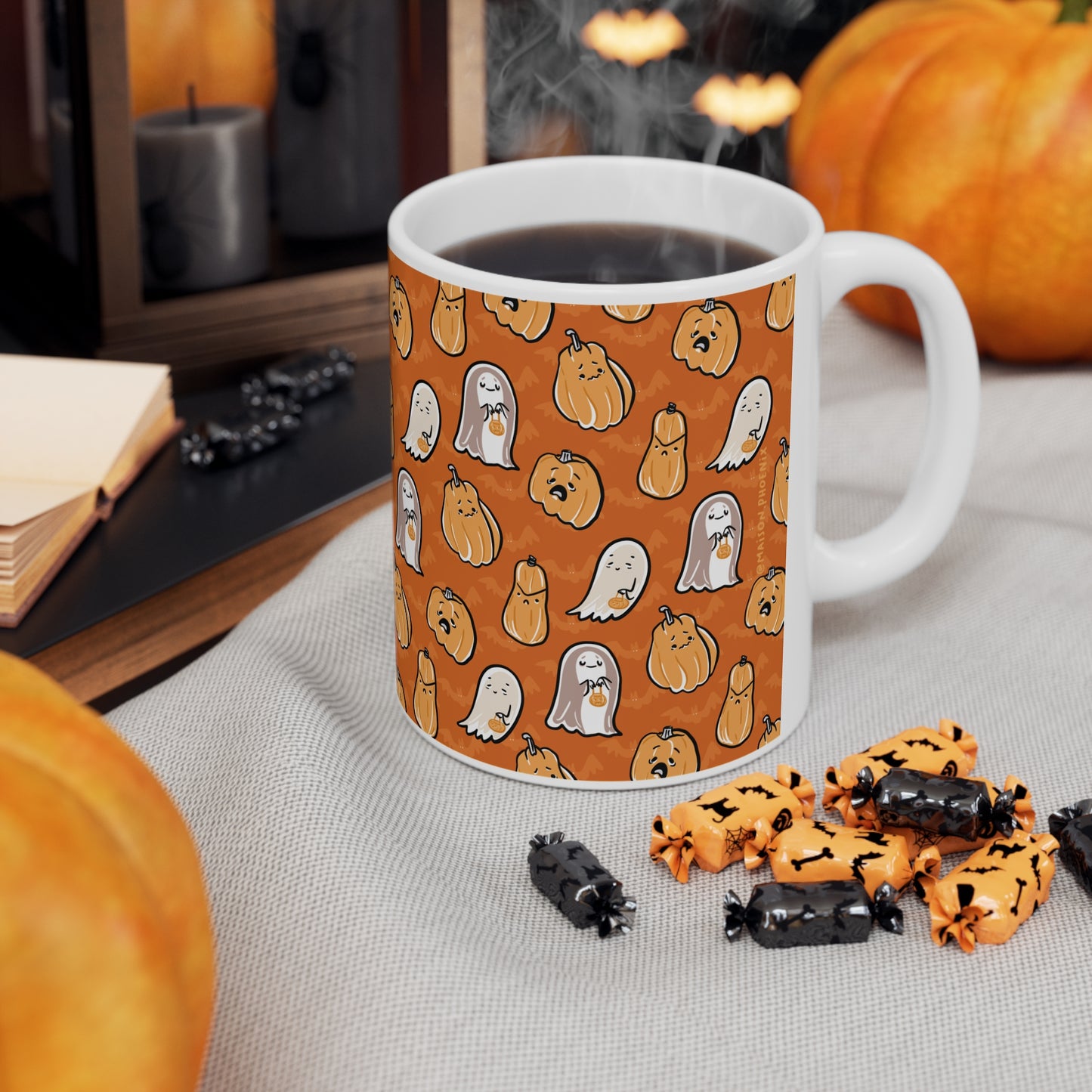 Orange Ghosts And Pumpkins Ceramic Mug 2