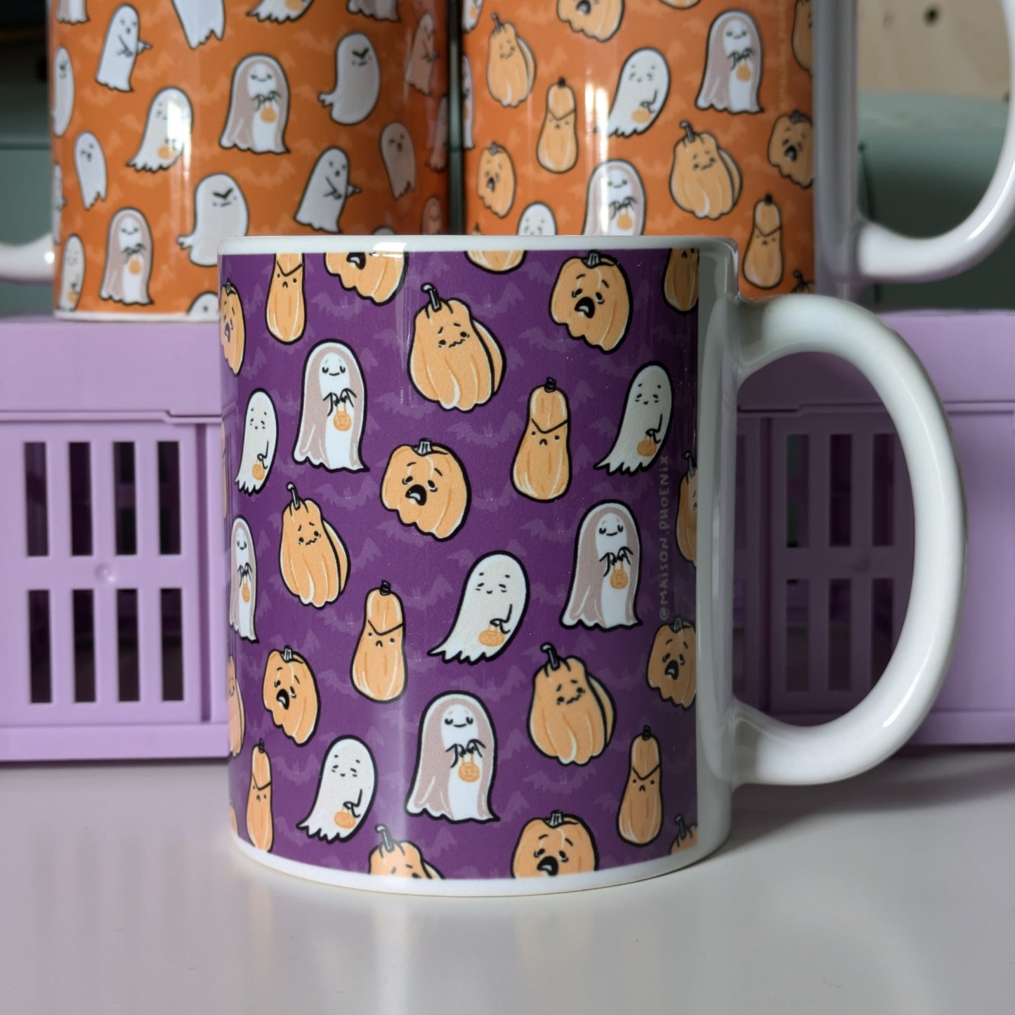 Purple Ghosts And Pumpkins Ceramic Mug 1