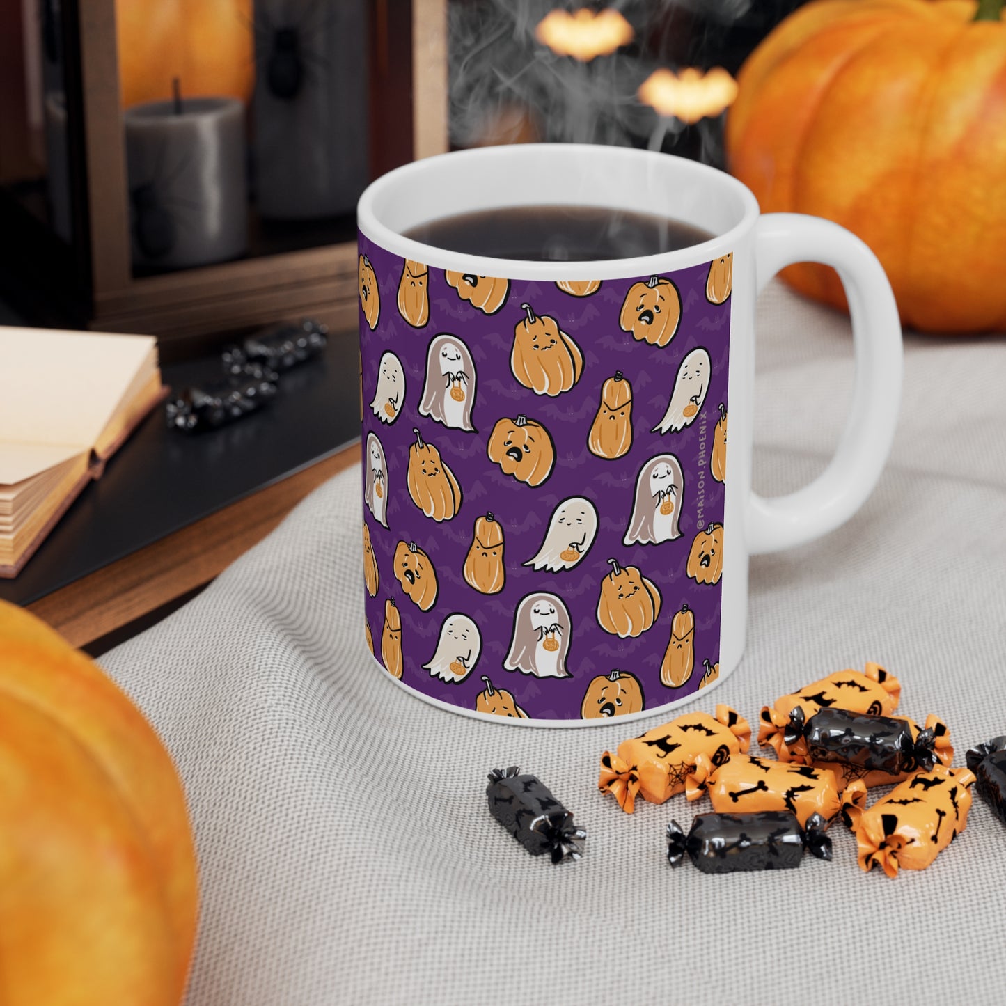 Purple Ghosts And Pumpkins Ceramic Mug 5