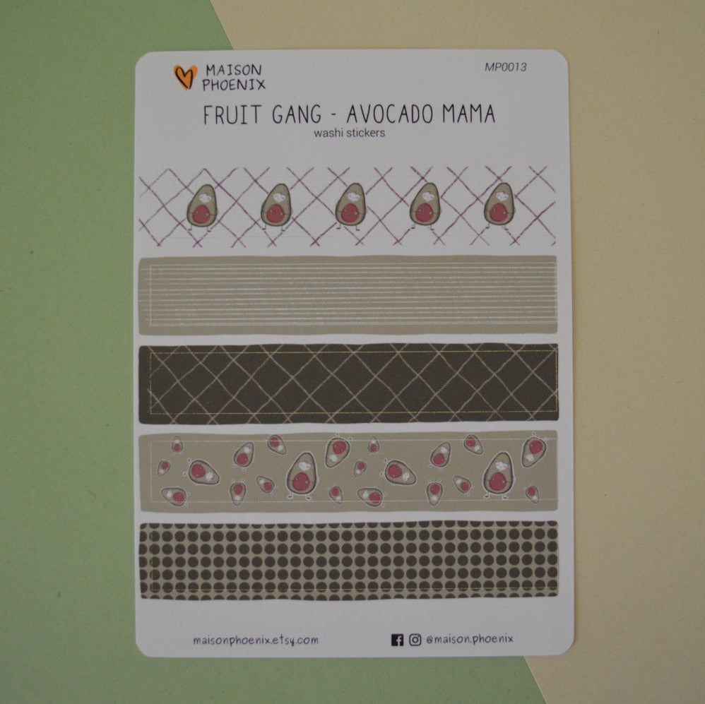 Avocado Washi Tape Style Sticker Sheet (Fruit Gang) 1