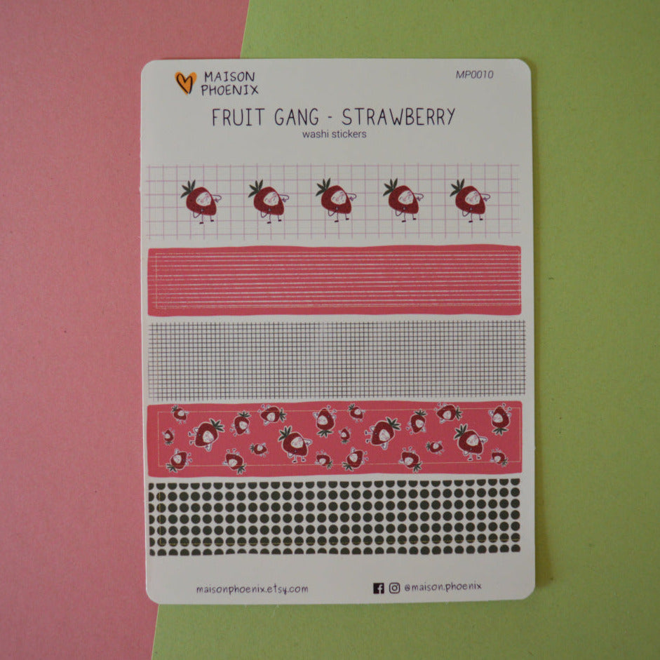Strawberry Washi Tape Style Sticker Sheet (Fruit Gang) 1