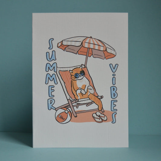 Cat With Parasol Greeting Card (Summer Vibes)